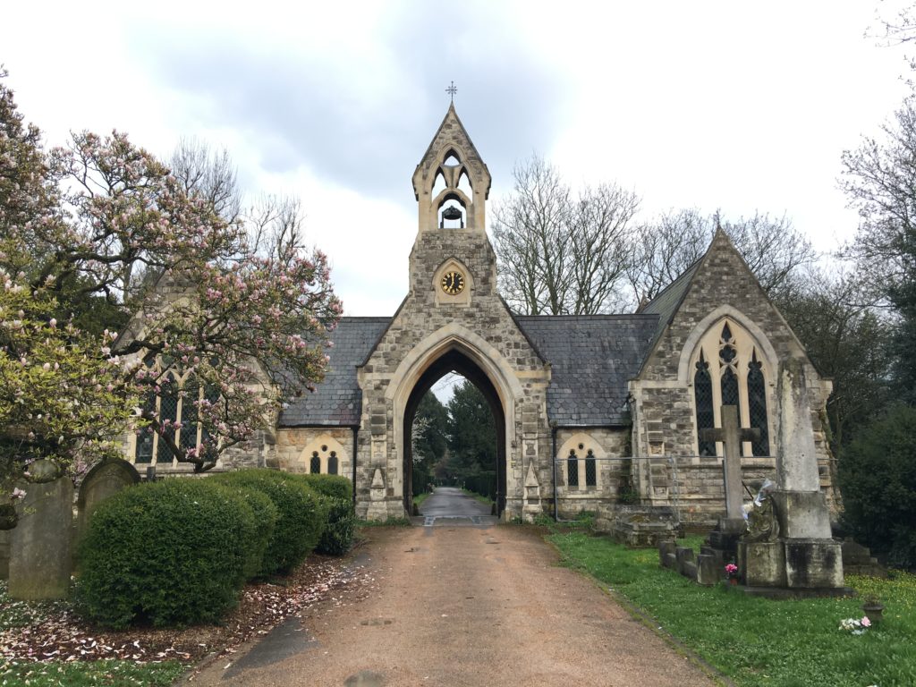 South Ealing Cemetery Chapels, pair of Victorian gothic chapels linked by a central porch
